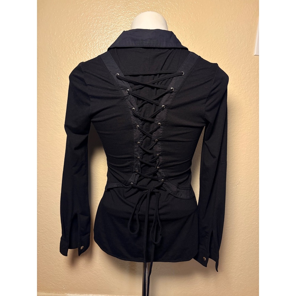 Y2K Finesse Lace Up Corset Back Button Down Long Sleeve Top Gothic Blouse #5